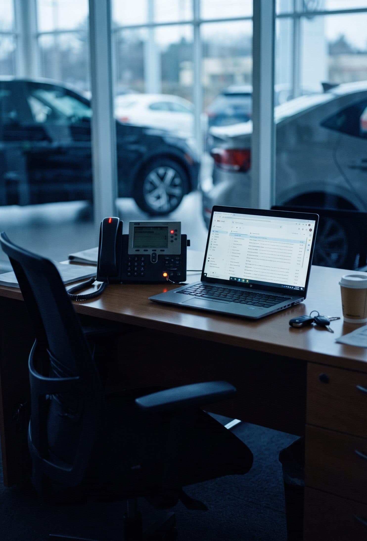 A salesperson's desk in a dealership with a laptop and paperwork
