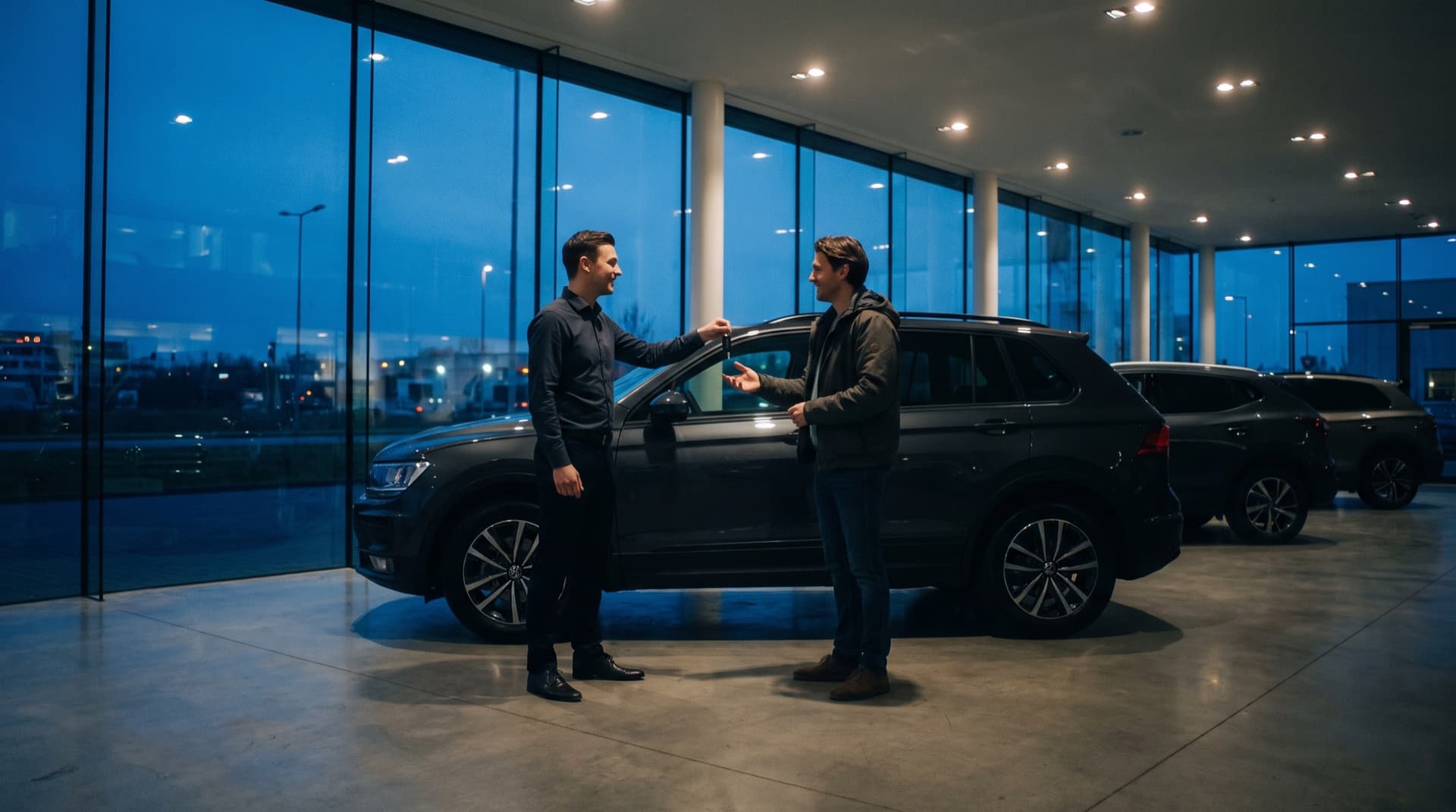 Salesperson handing car keys to a buyer in a glass showroom at night