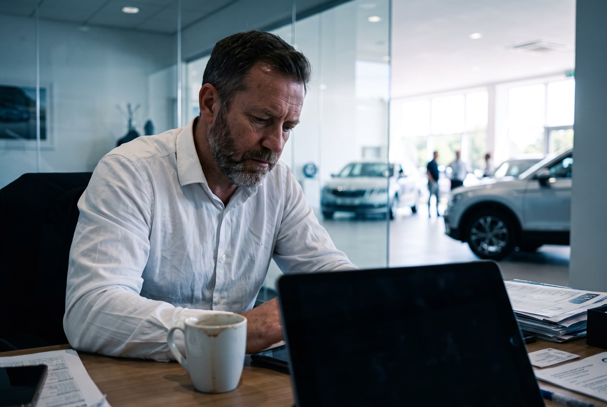 A dealership manager reviewing enquiries on a screen