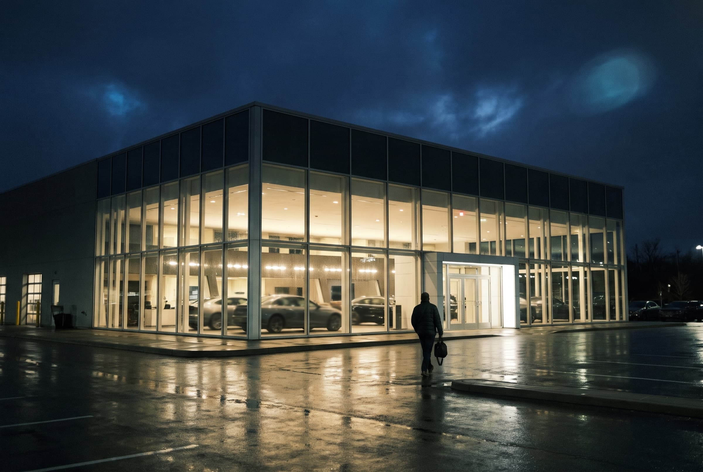 A dealership showroom lit up at night