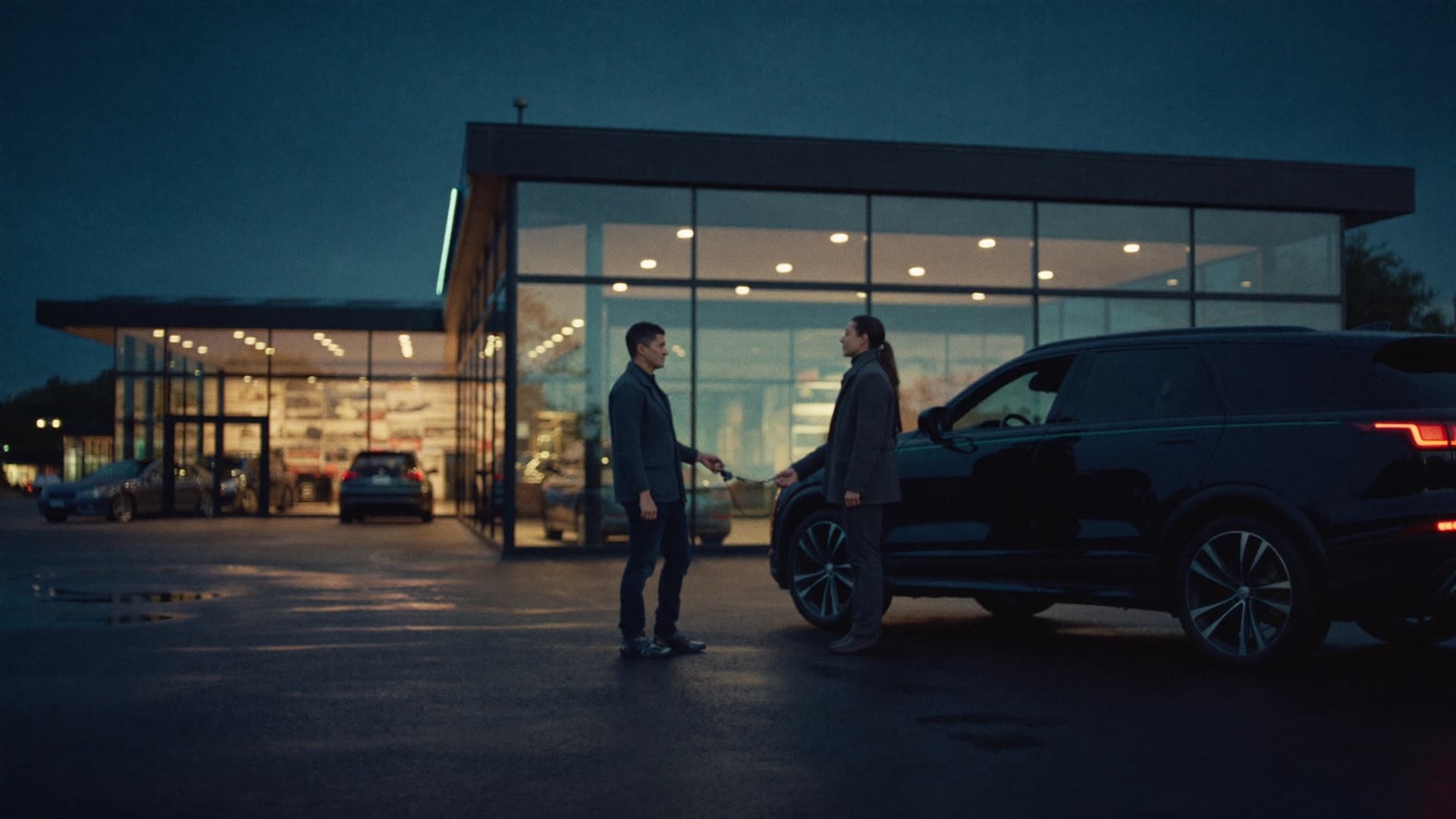 Car handover in front of a dealership showroom at dusk