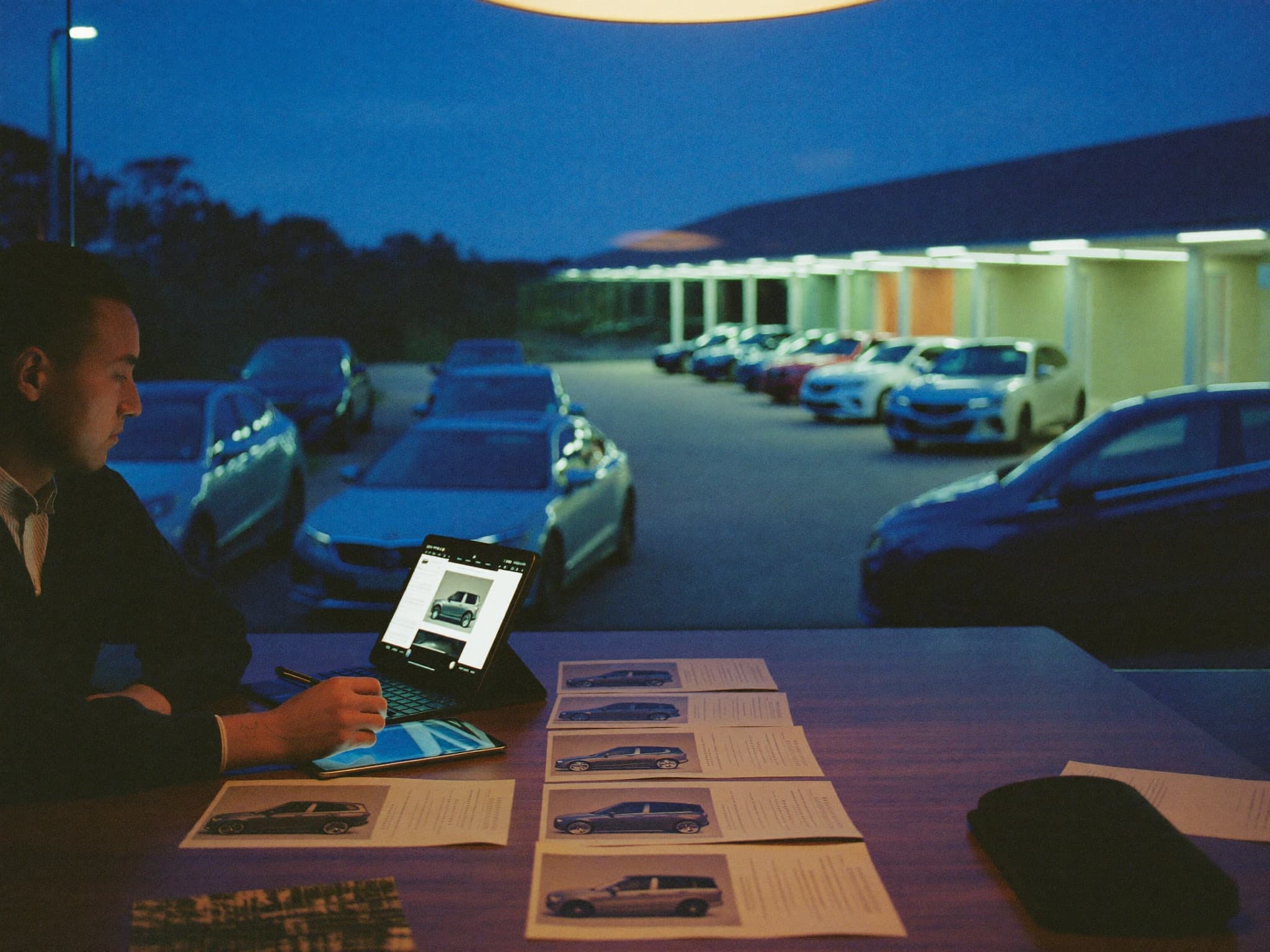 An importer's salesperson comparing vehicle options at his desk