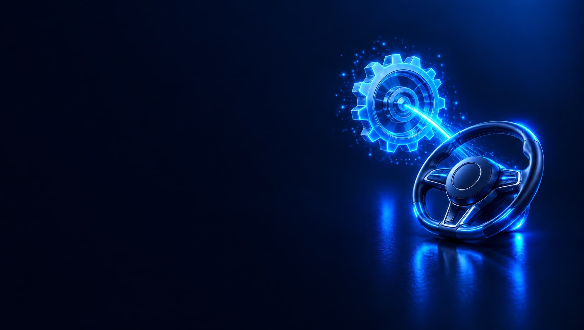 A beam of light runs from a glowing gear into a car steering wheel